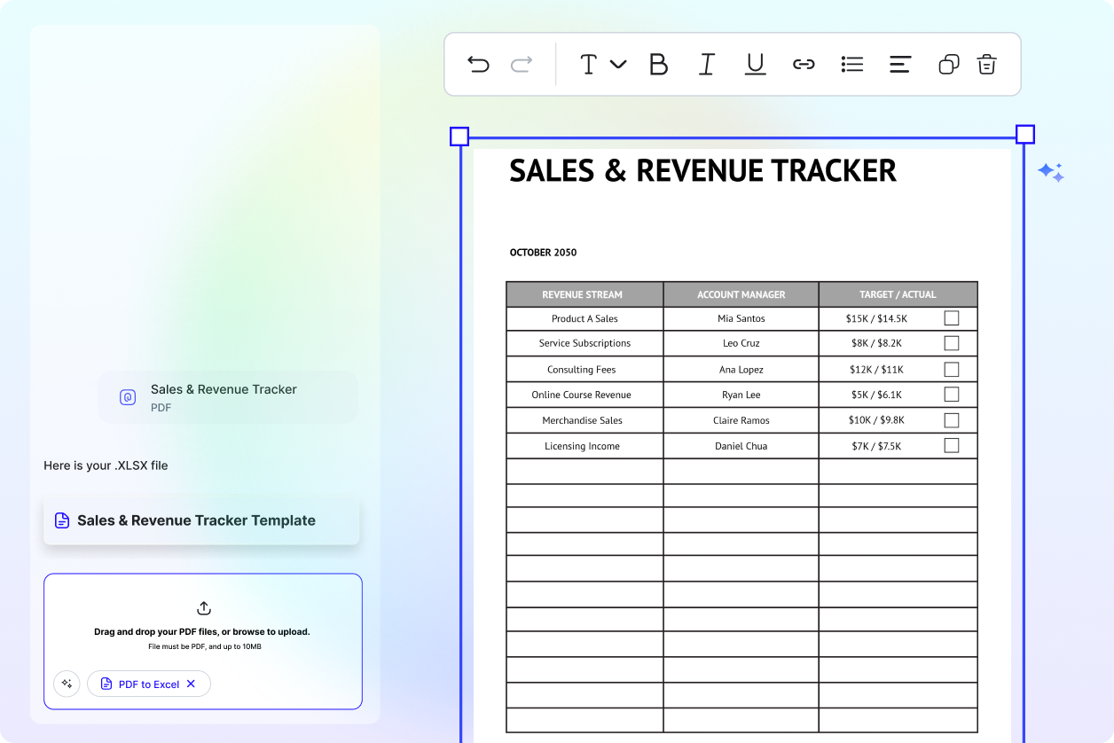Free AI Convert PDF to Excel Editor, Free Convert PDF Tables to Excel PDF Online